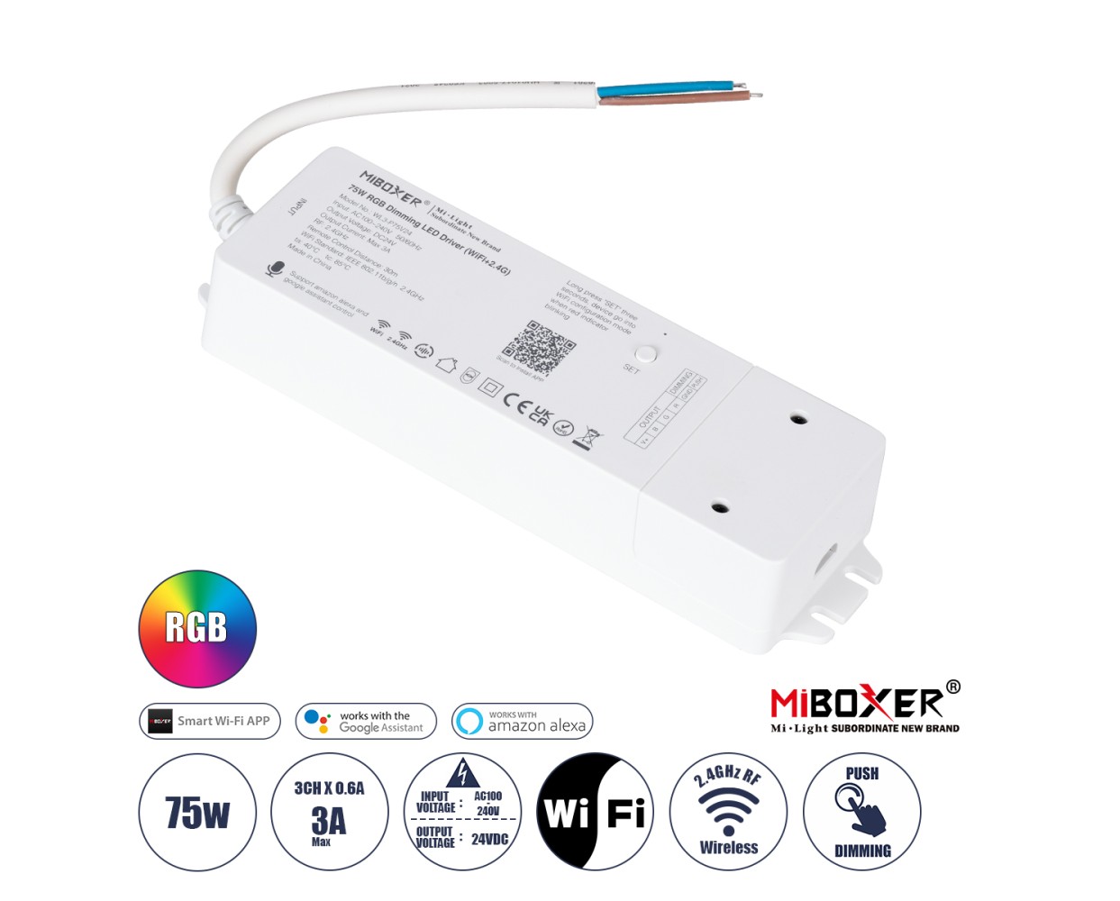 GloboStar® 71439 WL3-P75V24 Mi-BOXER DC Smart Wifi & RF 2.4Ghz & Push Dimming Power Supply Τροφοδοτικό SELV & Controller / Dimmer All in One 3 Καναλιών AC100-240V σε DC 24V 3 x 0.6A 14.4W - Max 3A 75W - IP20 RGB Μ19 x Π5.5 x Υ3.2cm - 5 Years Warranty