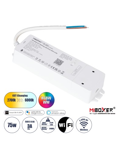 GloboStar® 71441 WL5-P75V24 Mi-BOXER DC Smart Wifi & RF 2.4Ghz Power Supply Τροφοδοτικό SELV & Controller / Dimmer All in One 5 Καναλιών AC100-240V σε DC 24V 5 x 0.6A 14.4W - Max 3A 75W - IP20 RGBW+WW Μ19 x Π5.5 x Υ3.2cm - 5 Years Warranty