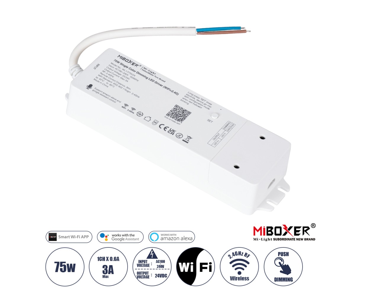 GloboStar® 71437 WL1-P75V24 Mi-BOXER DC Smart Wifi & RF 2.4Ghz & Push Dimming Power Supply Τροφοδοτικό SELV & Controller / Dimmer All in One AC100-240V σε DC 24V 1 x 3A 75W - Max 3A 75W - IP20 Μ19 x Π5.5 x Υ3.2cm - 5 Years Warranty