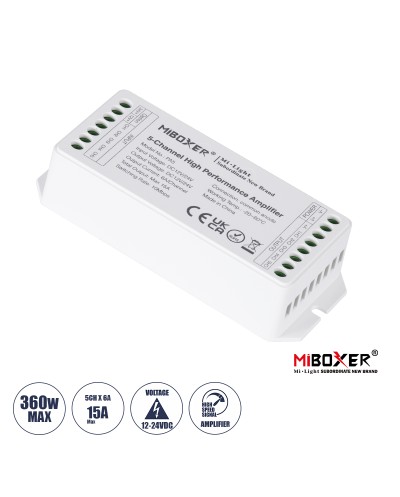 GloboStar® 71429 PA5 Mi-BOXER DC Power & Signal High Speed Amplifier Ενισχυτής Ισχύος & Σήματος Υψηλών Ταχυτήτων 5 Καναλιών DC 12-24V 5 x 6A 144W - Max 15A 360W - IP20 RGBW+WW Μ11.4 x Π4.9 x Υ2.8cm - 5 Years Warranty