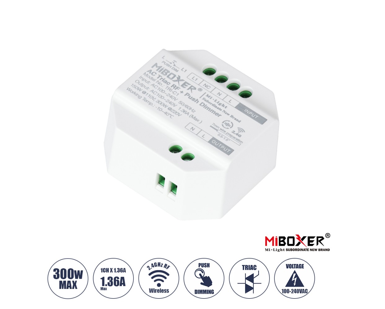 GloboStar® 71432 TRI-C1 Mi-BOXER AC Triac & RF 2.4Ghz & Push Dimmer 1 Καναλιού AC 100-240V 1 x 1.36A 300W - Max 1.36A 300W - IP20 Μ5 x Π5 x Υ2.3cm - 5 Years Warranty