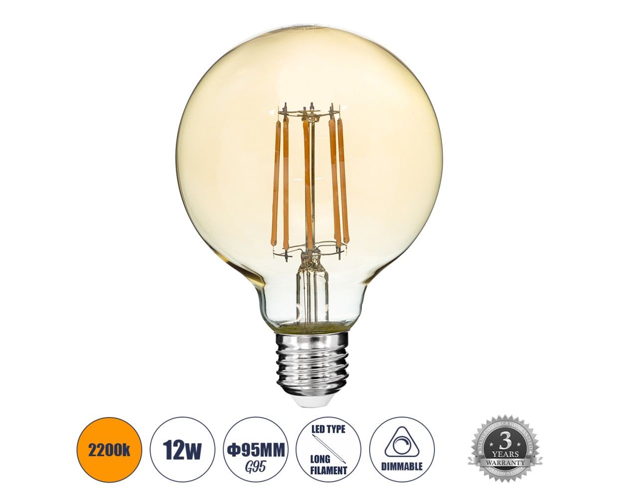 GloboStar® 99041 LED Long Filament Bulb E27 G95 Globe 12W 1080lm 360° AC 220-240V IP20 D9.5 x H13.5cm Ultra Θερμό Λευκό 2200K με Μελί Γυαλί - Dimmable - 3 Years Warranty