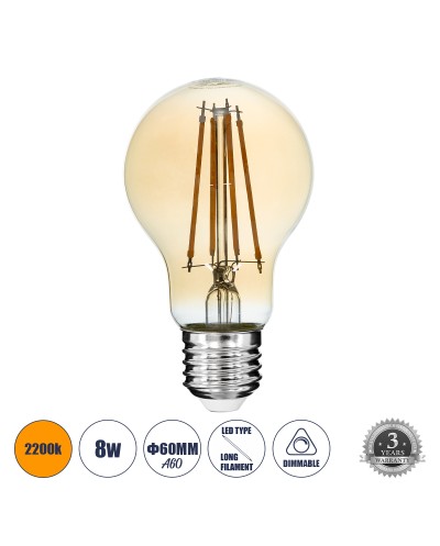 GloboStar® 99037 LED Long Filament Bulb E27 A60 Globe 8W 720lm 360° AC 220-240V IP20 D6 x H10.5cm Ultra Θερμό Λευκό 2200K με Μελί Γυαλί - Dimmable - 3 Years Warranty