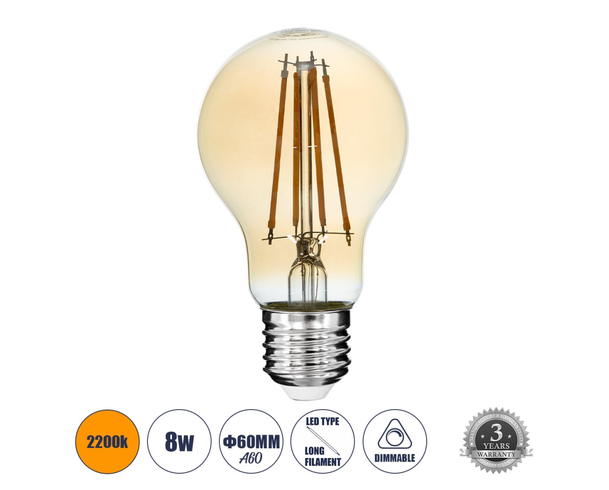 GloboStar® 99037 LED Long Filament Bulb E27 A60 Globe 8W 720lm 360° AC 220-240V IP20 D6 x H10.5cm Ultra Θερμό Λευκό 2200K με Μελί Γυαλί - Dimmable - 3 Years Warranty