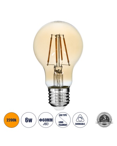 GloboStar® 99036 LED Long Filament Bulb E27 A60 Globe 6W 550lm 360° AC 220-240V IP20 D6 x H10.5cm Ultra Θερμό Λευκό 2200K με Μελί Γυαλί - Dimmable - 3 Years Warranty