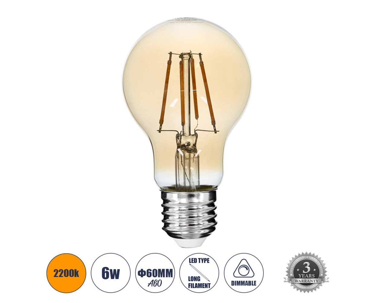 GloboStar® 99036 LED Long Filament Bulb E27 A60 Globe 6W 550lm 360° AC 220-240V IP20 D6 x H10.5cm Ultra Θερμό Λευκό 2200K με Μελί Γυαλί - Dimmable - 3 Years Warranty