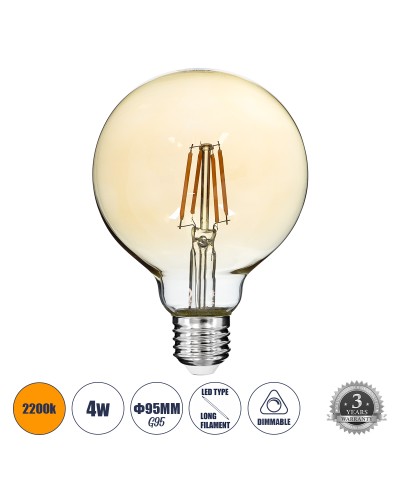 GloboStar® 99039 LED Long Filament Bulb E27 G95 Globe 4W 350lm 360° AC 220-240V IP20 D9.5 x H13.5cm Ultra Θερμό Λευκό 2200K με Μελί Γυαλί - Dimmable - 3 Years Warranty