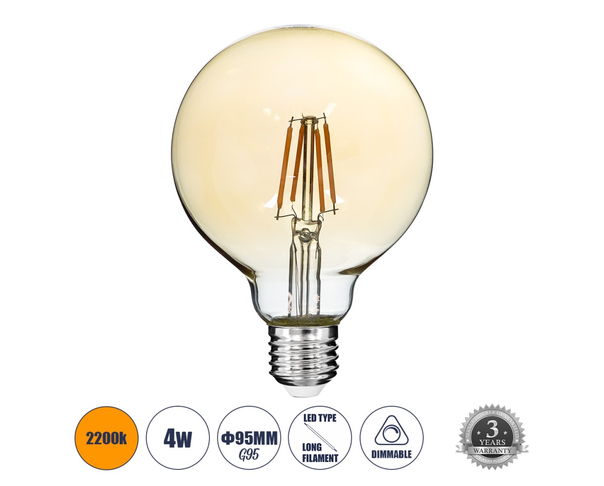 GloboStar® 99039 LED Long Filament Bulb E27 G95 Globe 4W 350lm 360° AC 220-240V IP20 D9.5 x H13.5cm Ultra Θερμό Λευκό 2200K με Μελί Γυαλί - Dimmable - 3 Years Warranty