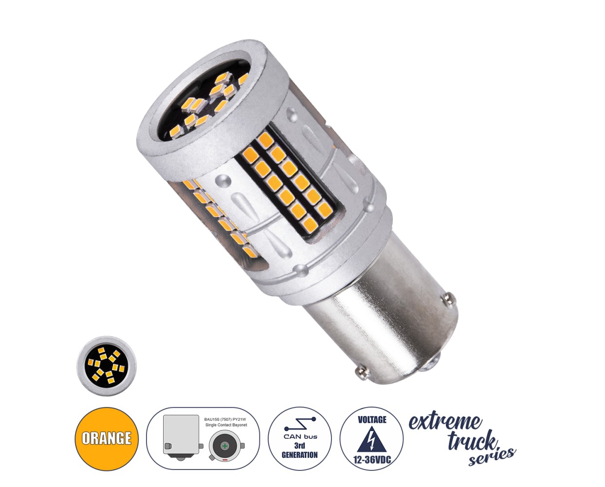 GloboStar® 81279 Λάμπα Αυτοκινήτου & Φορτηγού LED 7507 - BAU15S - PY21W 3rd Generation Can-Bus Extreme Truck Series LED 72xSMD3030 7W 840lm 360° DC 12-36V IP20 Φ2 x Υ5cm Πορτοκαλί