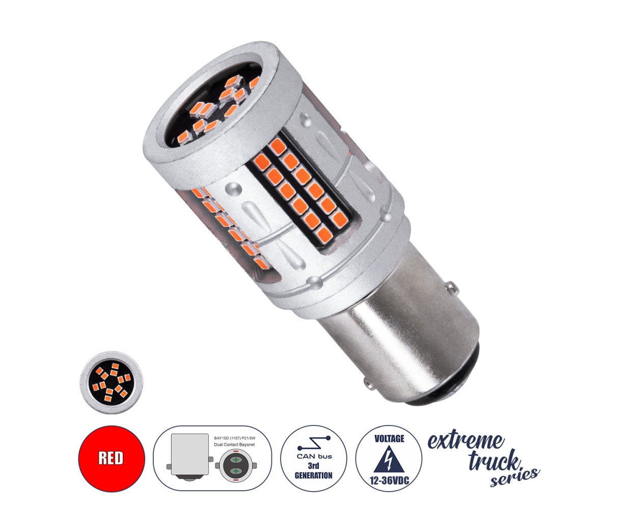 GloboStar® 81278 Λάμπα Αυτοκινήτου & Φορτηγού LED 1157 - BAY15D - P21/5W 3rd Generation Can-Bus Extreme Truck Series 72xSMD3030 7W 840lm 360° DC 12-36V IP20 Φ2 x Υ5cm Κόκκινο