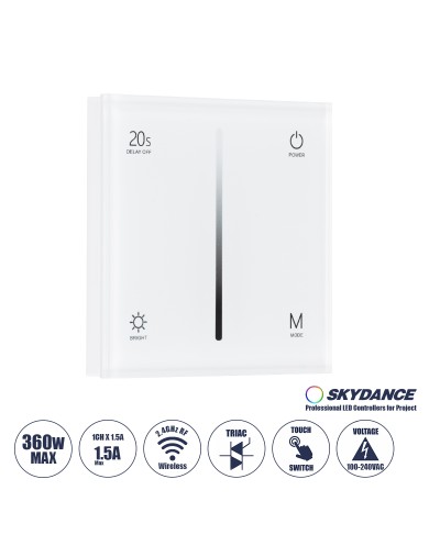 GloboStar® 71452 S1-T SKYDANCE AC Smart RF 2.4Ghz & Αφής - Touch Triac Dimming AC100-240V σε AC100-240V 1 x 1.5A 360W - Max 1.5A 360W - IP20 - Λευκό Σώμα - Μ8.5 x Π8.5 x Υ3.2cm - 5 Years Warranty