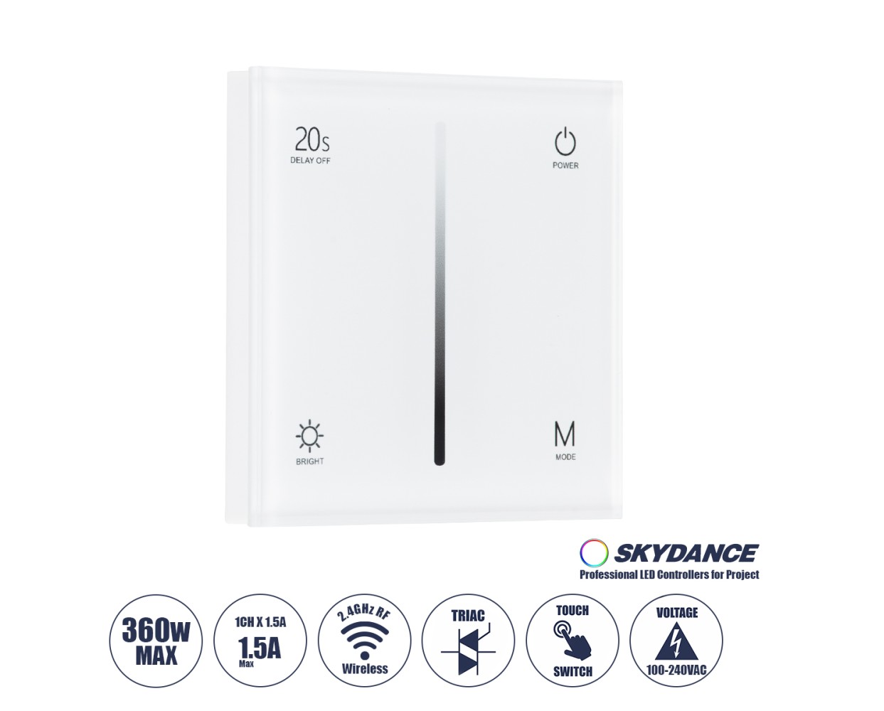 GloboStar® 71452 S1-T SKYDANCE AC Smart RF 2.4Ghz & Αφής - Touch Triac Dimming AC100-240V σε AC100-240V 1 x 1.5A 360W - Max 1.5A 360W - IP20 - Λευκό Σώμα - Μ8.5 x Π8.5 x Υ3.2cm - 5 Years Warranty