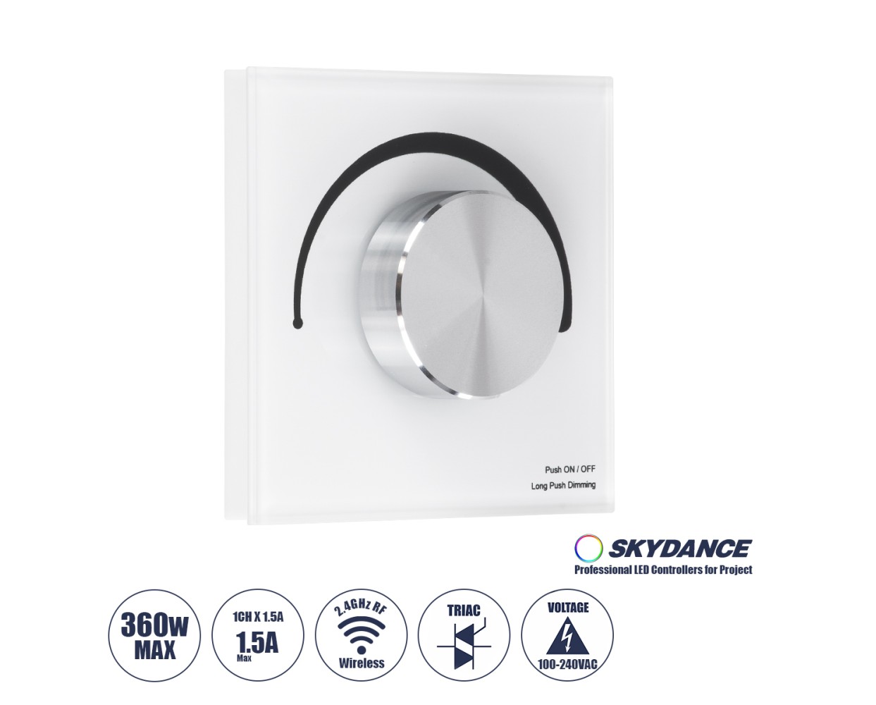 GloboStar® 71454 S1-K SKYDANCE AC Smart RF 2.4Ghz & Ροοστάτη - Push ON/OFF Triac Dimming AC100-240V σε AC100-240V 1 x 1.5A 360W - Max 1.5A 360W - IP20 - Λευκό Σώμα - Μ8.5 x Π8.5 x Υ5cm - 5 Years Warranty