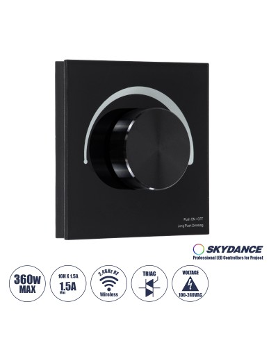 GloboStar® 71455 S1-K SKYDANCE AC Smart RF 2.4Ghz & Ροοστάτη - Push ON/OFF Triac Dimming AC100-240V σε AC100-240V 1 x 1.5A 360W - Max 1.5A 360W - IP20 - Μαύρο Σώμα - Μ8.5 x Π8.5 x Υ5cm - 5 Years Warranty