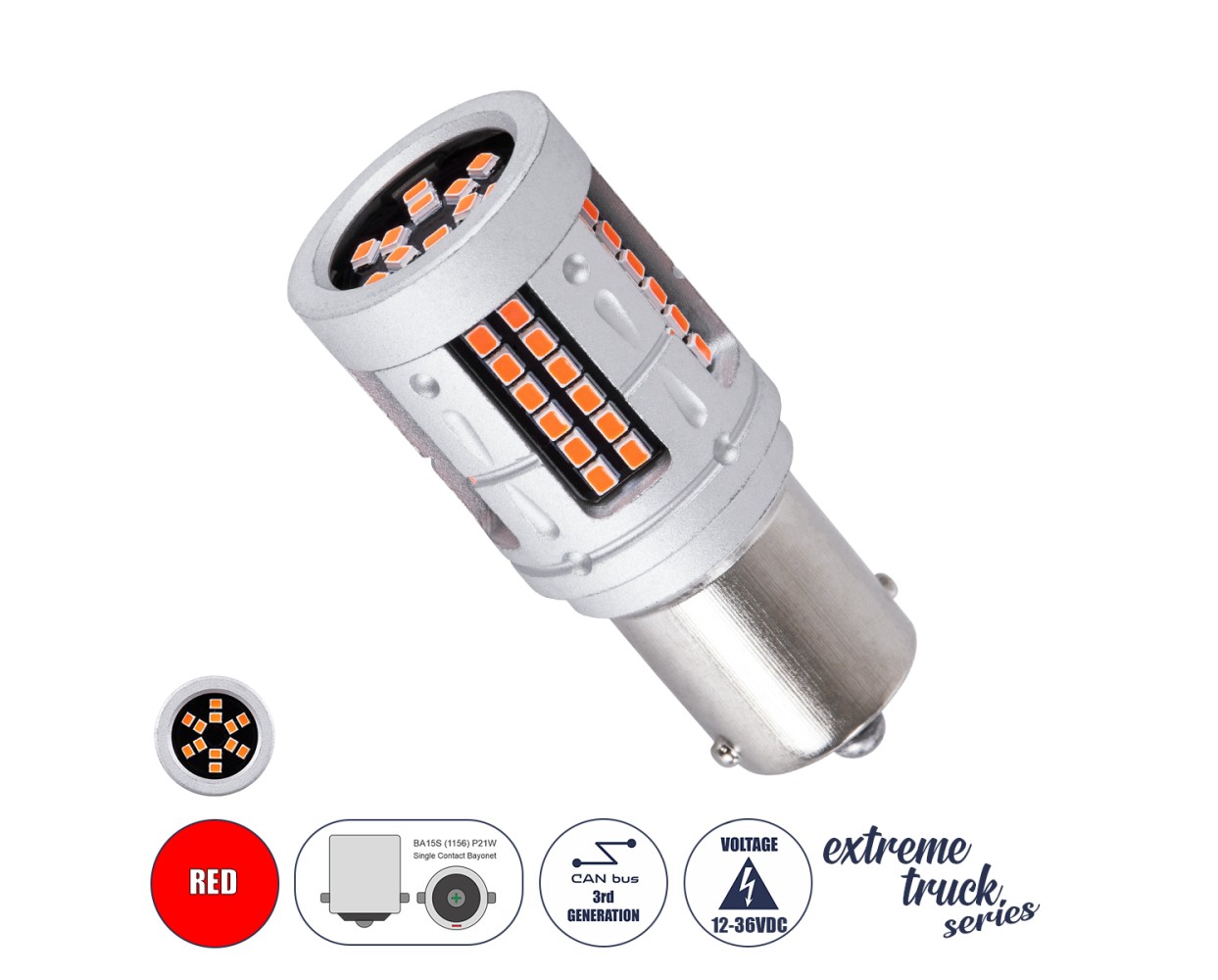 GloboStar® 1156 - BA15S - P21W 81277 Λάμπα Αυτοκινήτου & Φορτηγού LED  3rd Generation Can-Bus Extreme Truck Series 72xSMD3030 7W 840lm 360° DC 12-36V IP20 Φ2 x Υ5cm Κόκκινο