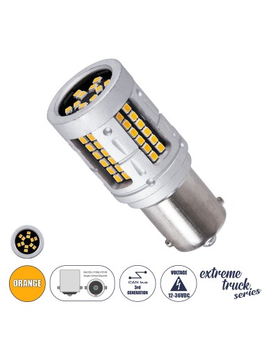 GloboStar® 1156 - BA15S - P21W 81276 Λάμπα Αυτοκινήτου & Φορτηγού LED  3rd Generation Can-Bus Extreme Truck Series 72xSMD3030 7W 840lm 360° DC 12-36V IP20 Φ2 x Υ5cm Πορτοκαλί