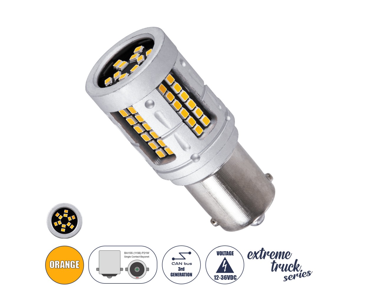 GloboStar® 1156 - BA15S - P21W 81276 Λάμπα Αυτοκινήτου & Φορτηγού LED  3rd Generation Can-Bus Extreme Truck Series 72xSMD3030 7W 840lm 360° DC 12-36V IP20 Φ2 x Υ5cm Πορτοκαλί