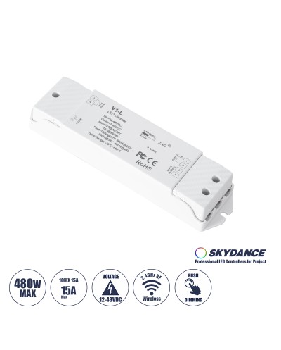 GloboStar® 71568 V1-L SKYDANCE DC RF 2.4Ghz Dimmer High Speed Controller & Push Dimming 1 Κανάλι DC 12-48V 1 x 15A 480W - Max 15A 480W - IP20 Μ17.5 x Π4.5 x Υ2.5cm - 5 Years Warranty