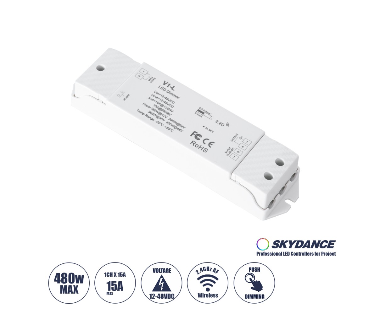 GloboStar® 71568 V1-L SKYDANCE DC RF 2.4Ghz Dimmer High Speed Controller & Push Dimming 1 Κανάλι DC 12-48V 1 x 15A 480W - Max 15A 480W - IP20 Μ17.5 x Π4.5 x Υ2.5cm - 5 Years Warranty