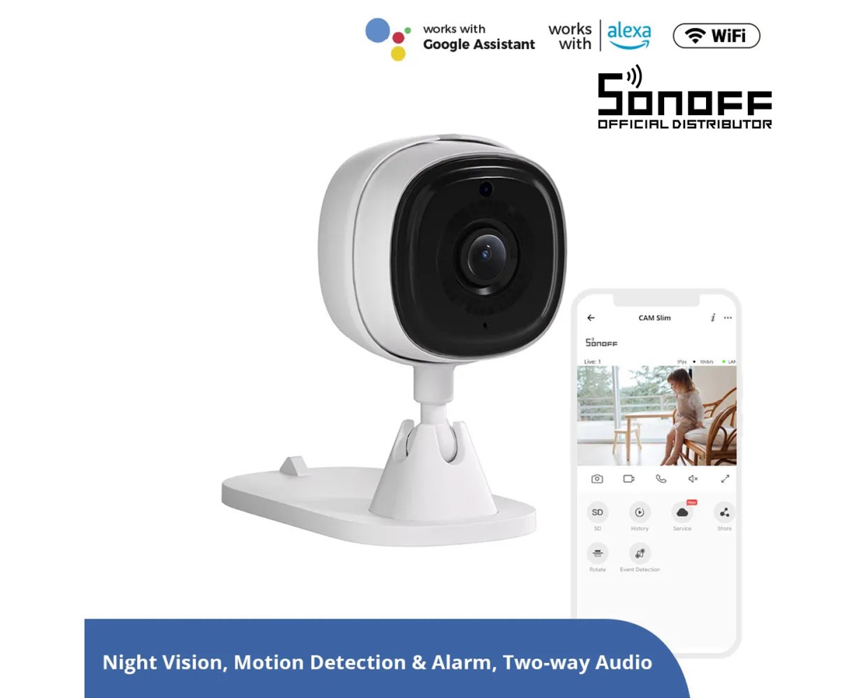 GloboStar® 80105 SONOFF S-CAM Slim Smart Home Security Camera WiFi 2.4GHz 1080P 130° Two Way Audio - Local & Cloud Storage - Nigh Vision - Motion Detection - Motion Alarm DC 5V 1A