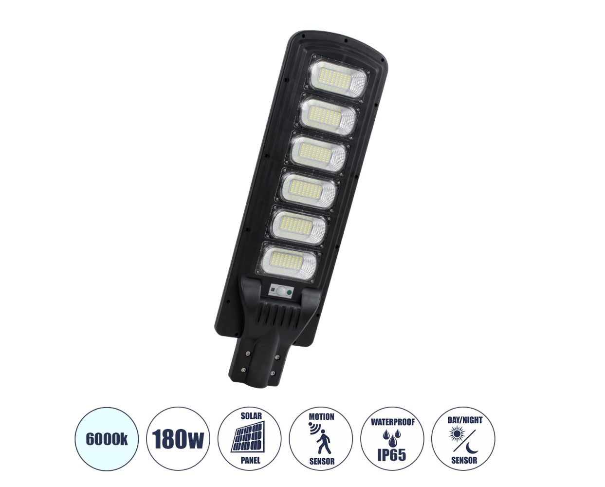 GloboStar® STREETA 85346 Professional LED Solar Street Light Αυτόνομο Ηλιακό Φωτιστικό Δρόμου 180W 1800lm 288 x LED SMD 5730 με Ενσωματωμένο Φωτοβολταϊκό Panel 6V 20W & Επαναφορτιζόμενη Μπαταρία Li-ion 3.2V 30000mAh με Αισθητήρα Ημέρας-Νύχτας & PIR Αισθητήρα Κίνησης - Αδιάβροχο IP65 - Ψυχρό Λευκό 6000K - Μ25 x Π7 x Υ83cm - 2 Years Warranty