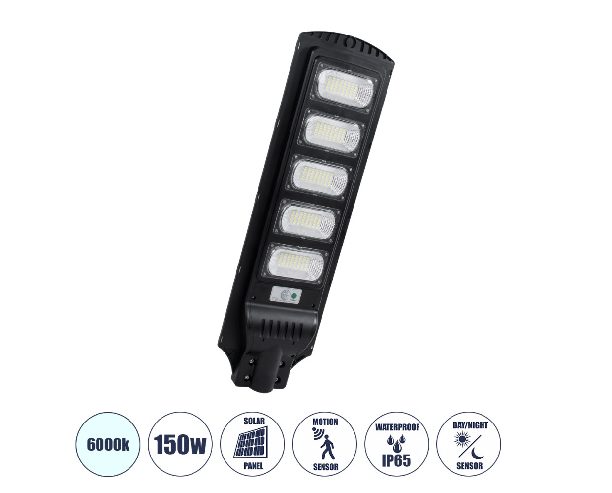 GloboStar® STREETA 85345 Professional LED Solar Street Light Αυτόνομο Ηλιακό Φωτιστικό Δρόμου 150W 1500lm 240 x LED SMD 5730 με Ενσωματωμένο Φωτοβολταϊκό Panel 6V 18W & Επαναφορτιζόμενη Μπαταρία Li-ion 3.2V 20000mAh με Αισθητήρα Ημέρας-Νύχτας & PIR Αισθητήρα Κίνησης - Αδιάβροχο IP65 - Ψυχρό Λευκό 6000K - Μ25 x Π6 x Υ83cm - 2 Years Warranty