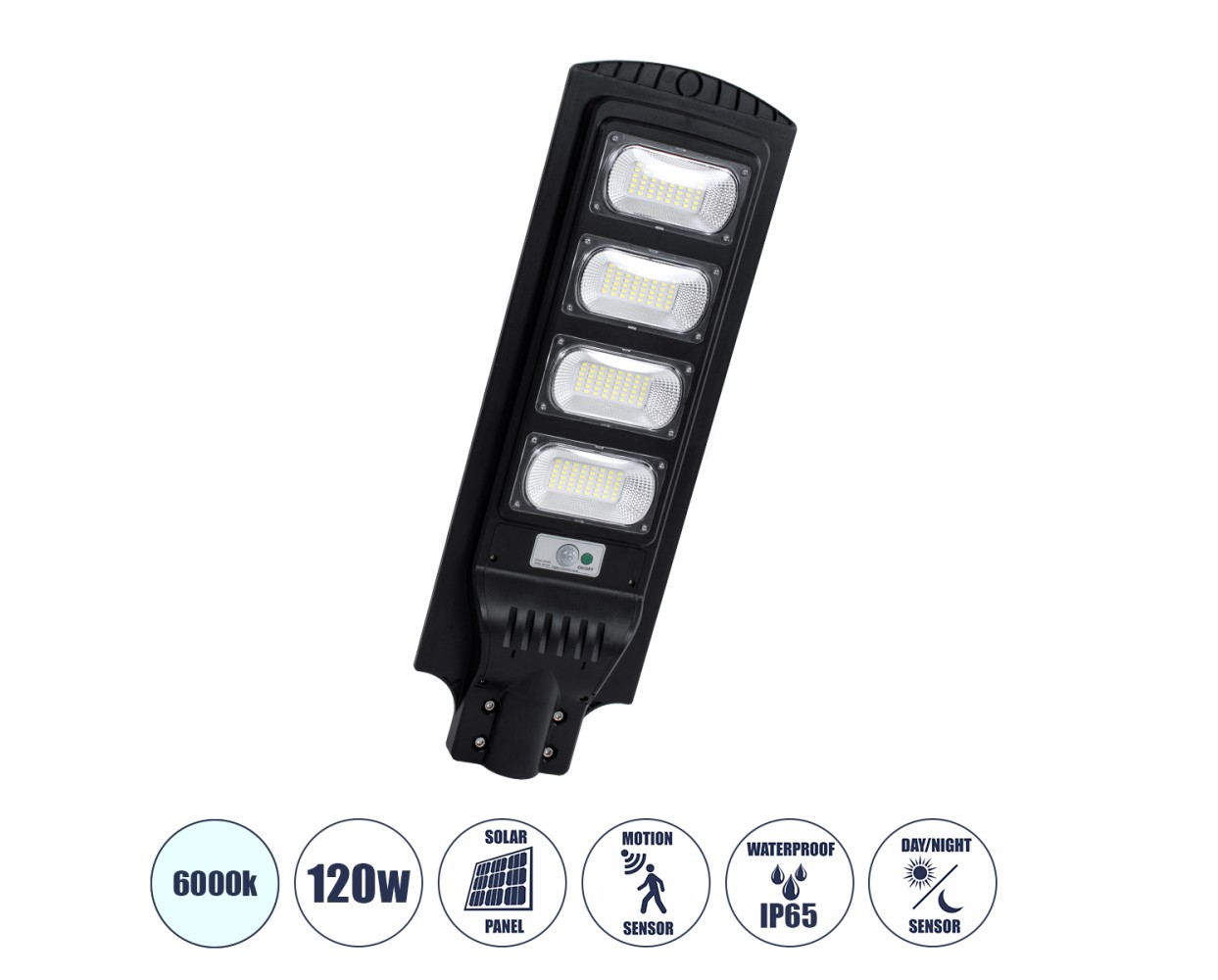 GloboStar® STREETA 85344 Professional LED Solar Street Light Αυτόνομο Ηλιακό Φωτιστικό Δρόμου 120W 1200lm 192 x LED SMD 5730 με Ενσωματωμένο Φωτοβολταϊκό Panel 6V 15W & Επαναφορτιζόμενη Μπαταρία Li-ion 3.2V 15000mAh με Αισθητήρα Ημέρας-Νύχτας & PIR Αισθητήρα Κίνησης - Αδιάβροχο IP65 - Ψυχρό Λευκό 6000K - Μ24 x Π6 x Υ73cm - 2 Years Warranty