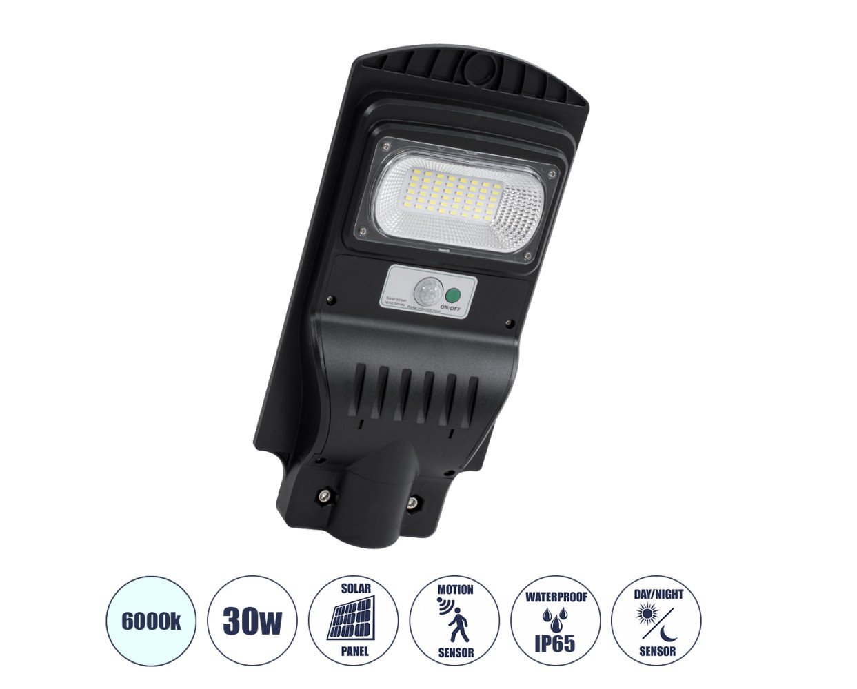 GloboStar® STREETA 85341 Professional LED Solar Street Light Αυτόνομο Ηλιακό Φωτιστικό Δρόμου 30W 300lm 48 x LED SMD 5730 με Ενσωματωμένο Φωτοβολταϊκό Panel 6V 6W & Επαναφορτιζόμενη Μπαταρία Li-ion 3.2V 5000mAh με Αισθητήρα Ημέρας-Νύχτας & PIR Αισθητήρα Κίνησης - Αδιάβροχο IP65 - Ψυχρό Λευκό 6000K - Μ20 x Π6 x Υ40cm - 2 Years Warranty