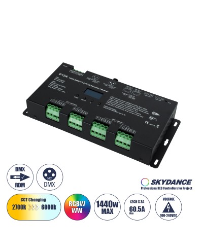 GloboStar® 71451 D12A SKYDANCE DC DMX & RDM Dimmer High Speed Controller / Decoder / Master 12 Καναλιών DC 12-24V 12 x 5A 120W - Max 60.5A 1440W - IP20 Μ25 x Π11.5 x Υ4cm - 5 Years Warranty