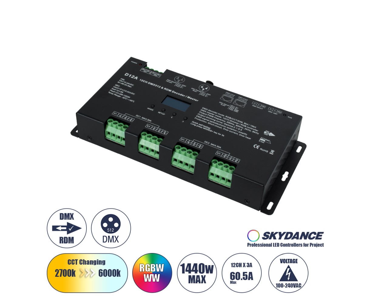 GloboStar® 71451 D12A SKYDANCE DC DMX & RDM Dimmer High Speed Controller / Decoder / Master 12 Καναλιών DC 12-24V 12 x 5A 120W - Max 60.5A 1440W - IP20 Μ25 x Π11.5 x Υ4cm - 5 Years Warranty