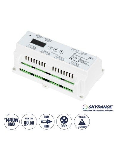 GloboStar® 71449 D12 SKYDANCE DC DMX & RDM Dimmer Din Rail Ράγας High Speed Controller / Decoder / Master 12 Καναλιών DC 12-24V 12 x 5A 120W - Max 60.5A 1440W - IP20 Μ15.5 x Π9 x Υ6cm - 5 Years Warranty