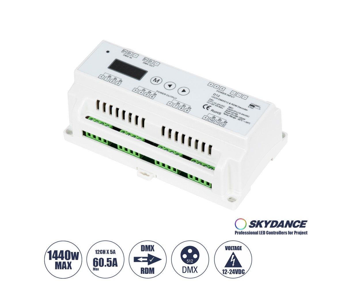 GloboStar® 71449 D12 SKYDANCE DC DMX & RDM Dimmer Din Rail Ράγας High Speed Controller / Decoder / Master 12 Καναλιών DC 12-24V 12 x 5A 120W - Max 60.5A 1440W - IP20 Μ15.5 x Π9 x Υ6cm - 5 Years Warranty