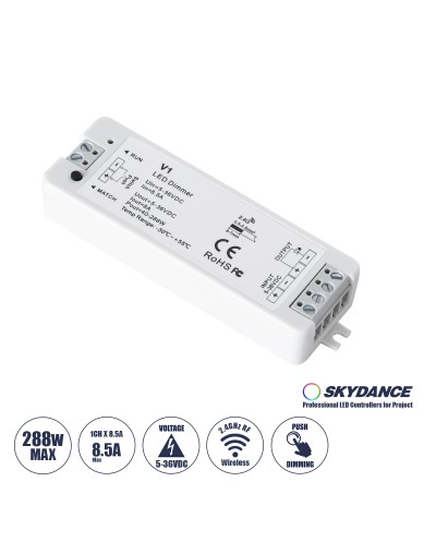 GloboStar® 71567 V1 SKYDANCE DC RF 2.4Ghz Dimmer High Speed Controller & Push Dimming 1 Κανάλι DC 5-36V 1 x 8A 288W - Max 8.5A 288W - IP20 Μ10 x Π3.5 x Υ2cm - 5 Years Warranty