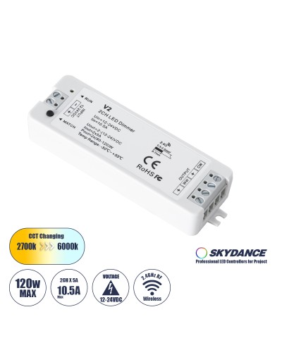 GloboStar® 71564 V2 SKYDANCE DC RF 2.4Ghz Dimmer High Speed Controller 2 Καναλιών DC 12-24V 2 x 5A 120W - Max 10.5A 252W - IP20 Μ10 x Π3.5 x Υ2cm - 5 Years Warranty