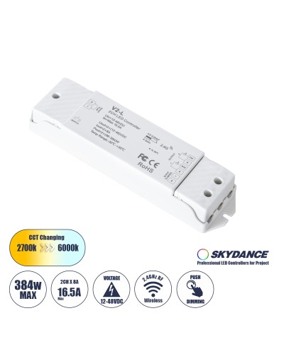 GloboStar® 71565 V2-L SKYDANCE DC RF 2.4Ghz Dimmer High Speed Controller & Push Dimming 2 Κανάλια DC 12-48V 2 x 8A 384W - Max 16.5A 384W - IP20 Μ17.5 x Π4.5 x Υ2.5cm - 5 Years Warranty