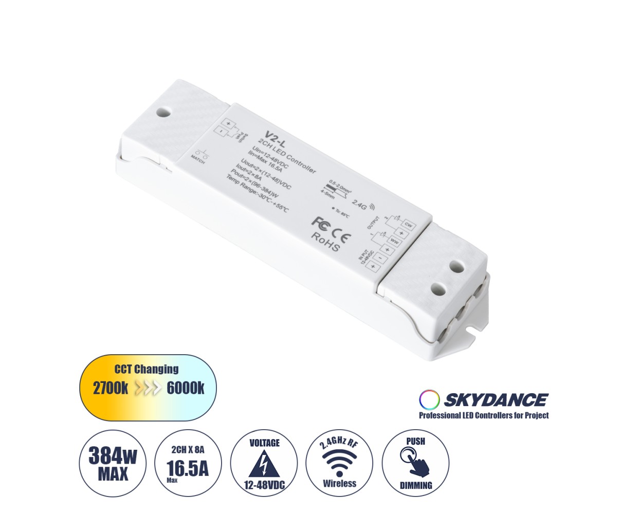 GloboStar® 71565 V2-L SKYDANCE DC RF 2.4Ghz Dimmer High Speed Controller & Push Dimming 2 Κανάλια DC 12-48V 2 x 8A 384W - Max 16.5A 384W - IP20 Μ17.5 x Π4.5 x Υ2.5cm - 5 Years Warranty