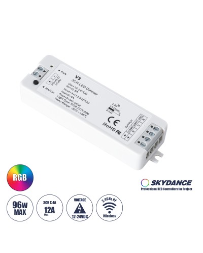 GloboStar® 71546 V3 SKYDANCE DC RF 2.4Ghz Dimmer High Speed Controller 3 Καναλιών DC 12-24V 3 x 5A 96W - Max 12A 288W - IP20 Μ10 x Π3.5 x Υ2cm - 5 Years Warranty