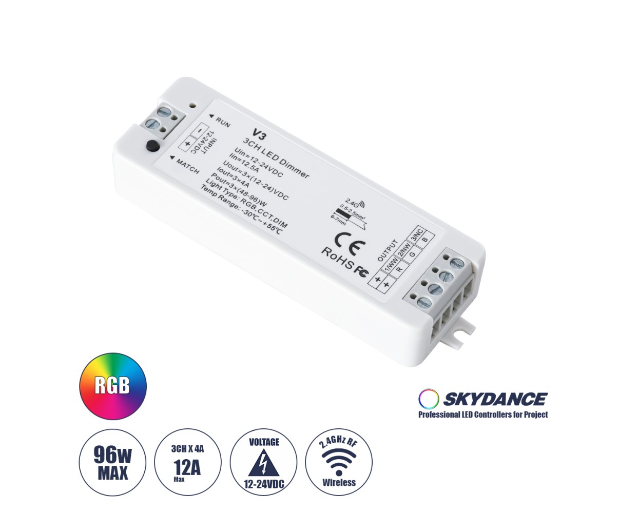 GloboStar® 71546 V3 SKYDANCE DC RF 2.4Ghz Dimmer High Speed Controller 3 Καναλιών DC 12-24V 3 x 5A 96W - Max 12A 288W - IP20 Μ10 x Π3.5 x Υ2cm - 5 Years Warranty