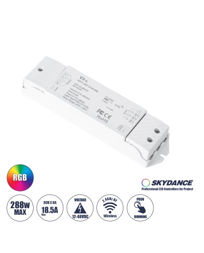 GloboStar® 71547 V3-L SKYDANCE DC RF 2.4Ghz Dimmer High Speed Controller & Push Dimming 3 Κανάλια DC 12-48V 3 x 6A 288W - Max 18.5A 288W - IP20 Μ17.5 x Π4.5 x Υ2.5cm - 5 Years Warranty