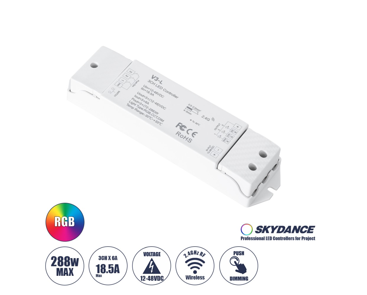 GloboStar® 71547 V3-L SKYDANCE DC RF 2.4Ghz Dimmer High Speed Controller & Push Dimming 3 Κανάλια DC 12-48V 3 x 6A 288W - Max 18.5A 288W - IP20 Μ17.5 x Π4.5 x Υ2.5cm - 5 Years Warranty