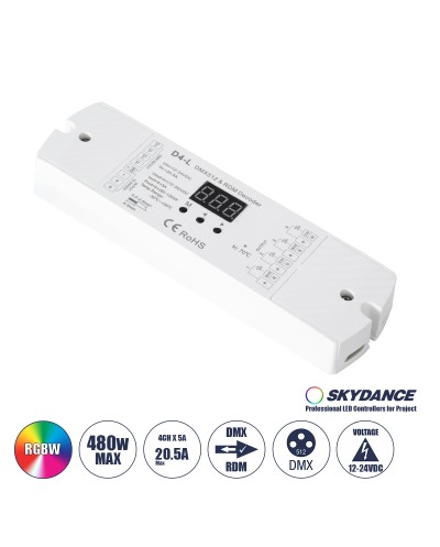 GloboStar® 70668 D4-L SKYDANCE DC DMX & RDM Dimmer High Speed Controller / Decoder 4 Καναλιών DC 12-24V 4 x 5A 120W - Max 20.5A 480W - IP20 Μ17 x Π5 x Υ2.5cm - 5 Years Warranty