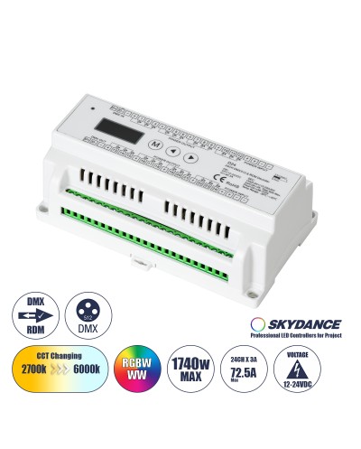 GloboStar® 71450 D24 SKYDANCE DC DMX & RDM Dimmer Din Rail Ράγας High Speed Controller / Decoder 24 Καναλιών DC 12-24V 24 x 3A 72W - Max 72.5A 1740W - IP20 Μ16 x Π9 x Υ6cm - 5 Years Warranty