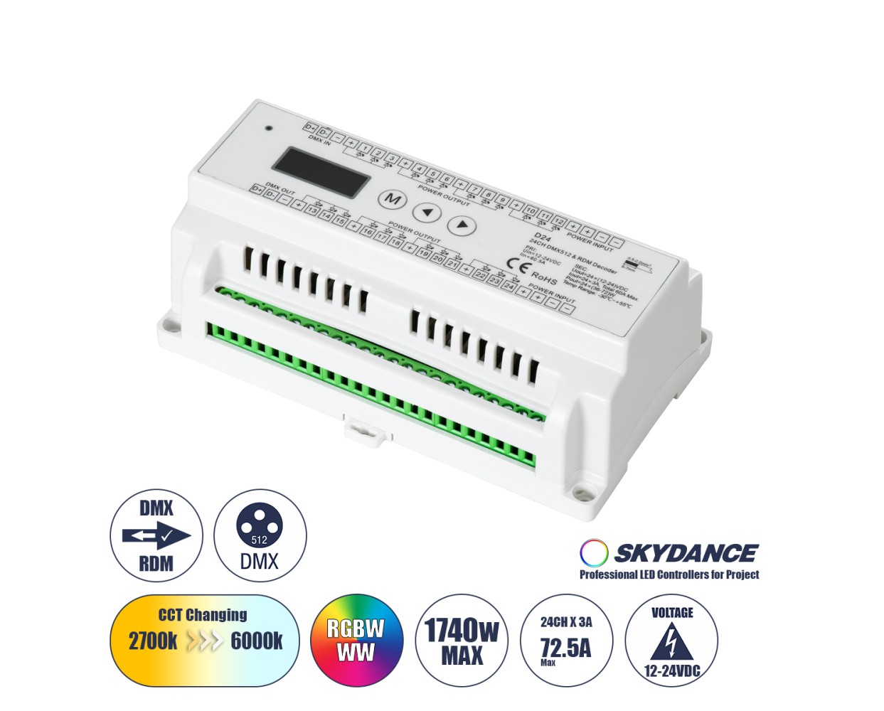 GloboStar® 71450 D24 SKYDANCE DC DMX & RDM Dimmer Din Rail Ράγας High Speed Controller / Decoder 24 Καναλιών DC 12-24V 24 x 3A 72W - Max 72.5A 1740W - IP20 Μ16 x Π9 x Υ6cm - 5 Years Warranty