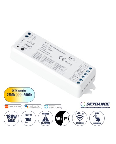 GloboStar® 71468 WT1 SKYDANCE DC WiFi & RF 2.4Ghz Dimmer High Speed Controller 2 Καναλιών DC 12-36V 2 x 5A 180W - Max 10A 180W - IP20 Μ11.5 x Π3.5 x Υ2cm - 5 Years Warranty