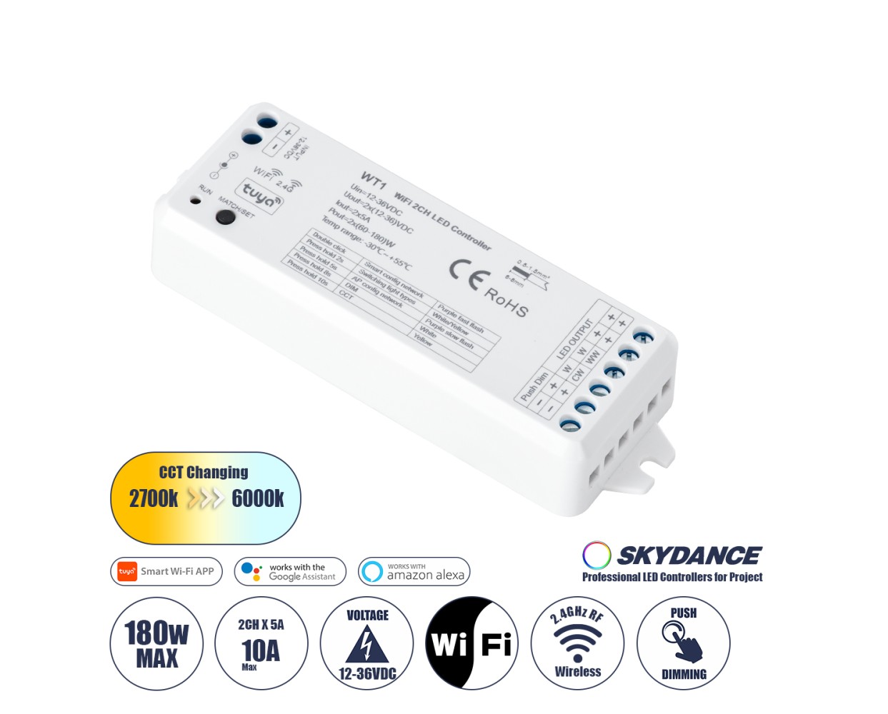 GloboStar® 71468 WT1 SKYDANCE DC WiFi & RF 2.4Ghz Dimmer High Speed Controller 2 Καναλιών DC 12-36V 2 x 5A 180W - Max 10A 180W - IP20 Μ11.5 x Π3.5 x Υ2cm - 5 Years Warranty