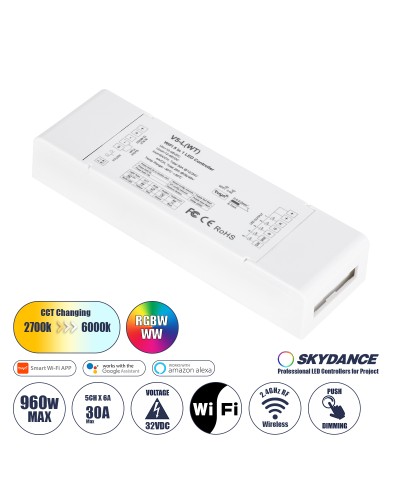 GloboStar® 71470 V5-L SKYDANCE DC WiFi & RF 2.4Ghz Dimmer High Speed Controller 5 Καναλιών DC 12-48V 5 x 6A 288W - Max 30A 1440W - IP20 Μ18 x Π5.7 x Υ2.8cm - 5 Years Warranty