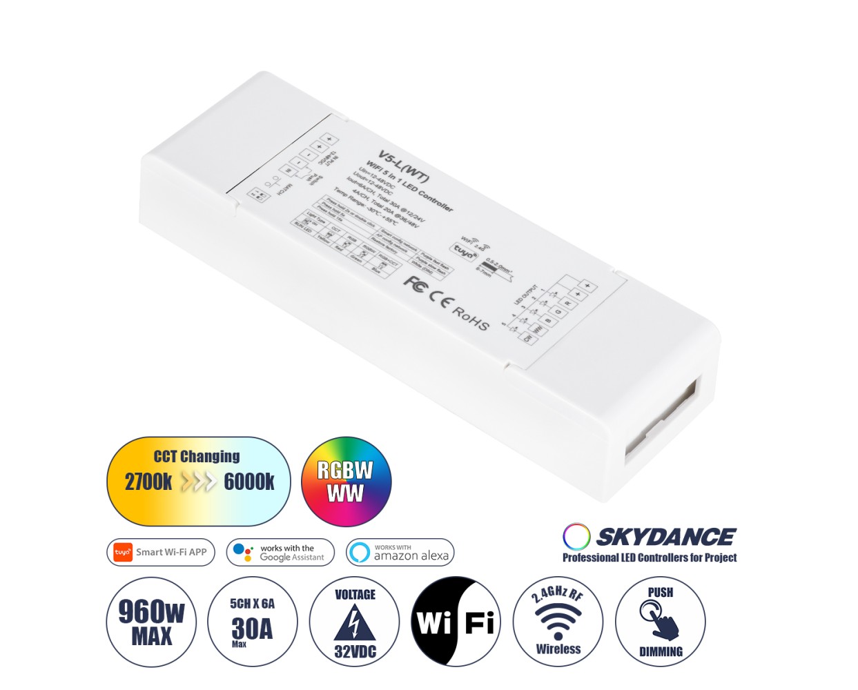 GloboStar® 71470 V5-L SKYDANCE DC WiFi & RF 2.4Ghz Dimmer High Speed Controller 5 Καναλιών DC 12-48V 5 x 6A 288W - Max 30A 1440W - IP20 Μ18 x Π5.7 x Υ2.8cm - 5 Years Warranty