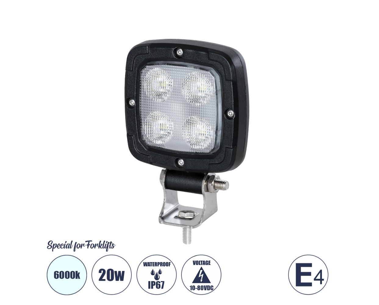 GloboStar® 85399 E4 Mark Vehicle & Forklift Work Lights - Φώτα Εργασίας για Οχήματα Περονοφόρα - Κλάρκ LED 20W DC 10-80V Αδιάβροχο IP67 Ψυχρό Λευκό 6000K Μ11 x Π11 x Υ5cm