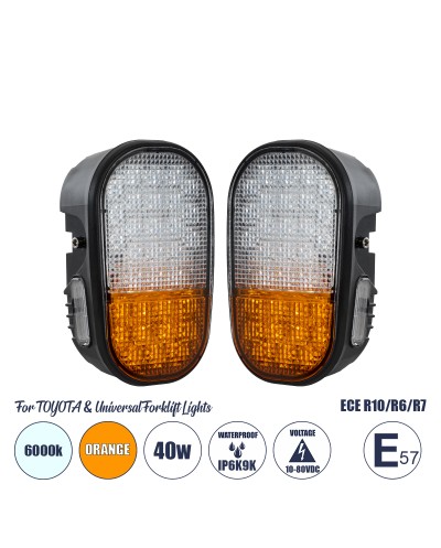 GloboStar® 85455 E57 Mark Σετ 2 x Φανάρια για TOYOTA & UNIVERSAL FORKLIFT Βασικού Φωτισμού για Οχήματα Περονοφόρα - Κλάρκ με Φλας LED 40W DC 10-80V Αδιάβροχα IP6K9K Πορτοκαλί & Ψυχρό Λευκό 6000K  Μ20 x Π8 x Υ12cm