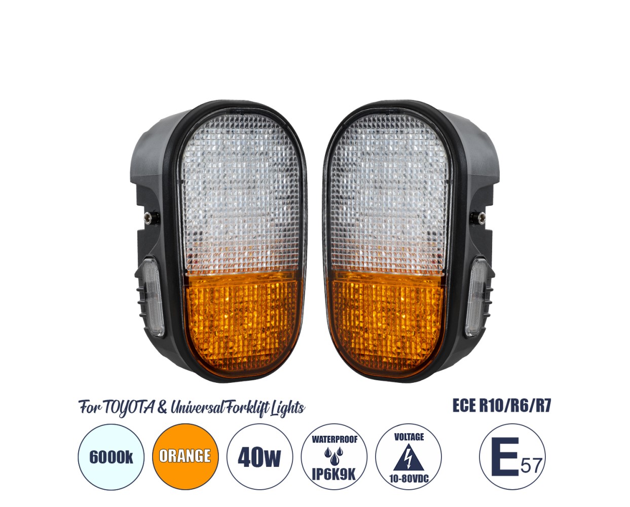 GloboStar® 85455 E57 Mark Σετ 2 x Φανάρια για TOYOTA & UNIVERSAL FORKLIFT Βασικού Φωτισμού για Οχήματα Περονοφόρα - Κλάρκ με Φλας LED 40W DC 10-80V Αδιάβροχα IP6K9K Πορτοκαλί & Ψυχρό Λευκό 6000K  Μ20 x Π8 x Υ12cm